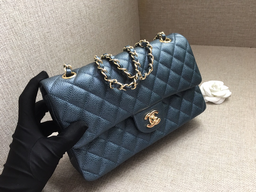 Medium Classic Flap Caviar Bag A01112 Dark Blue/Gold